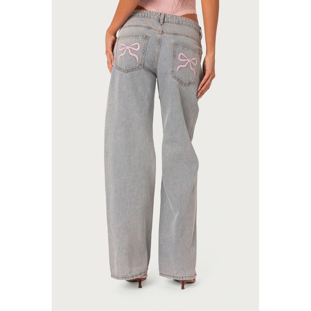 Edikted Light Wash Wide Leg Jeans Pink Bow Embroidery High Waist Small Bin 61